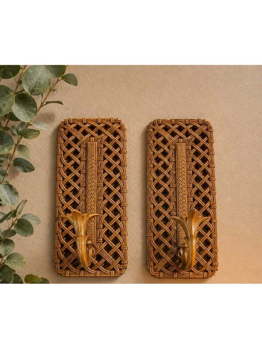 Vintage Homco/Syroco faux-rattan molded plastic wall sconces